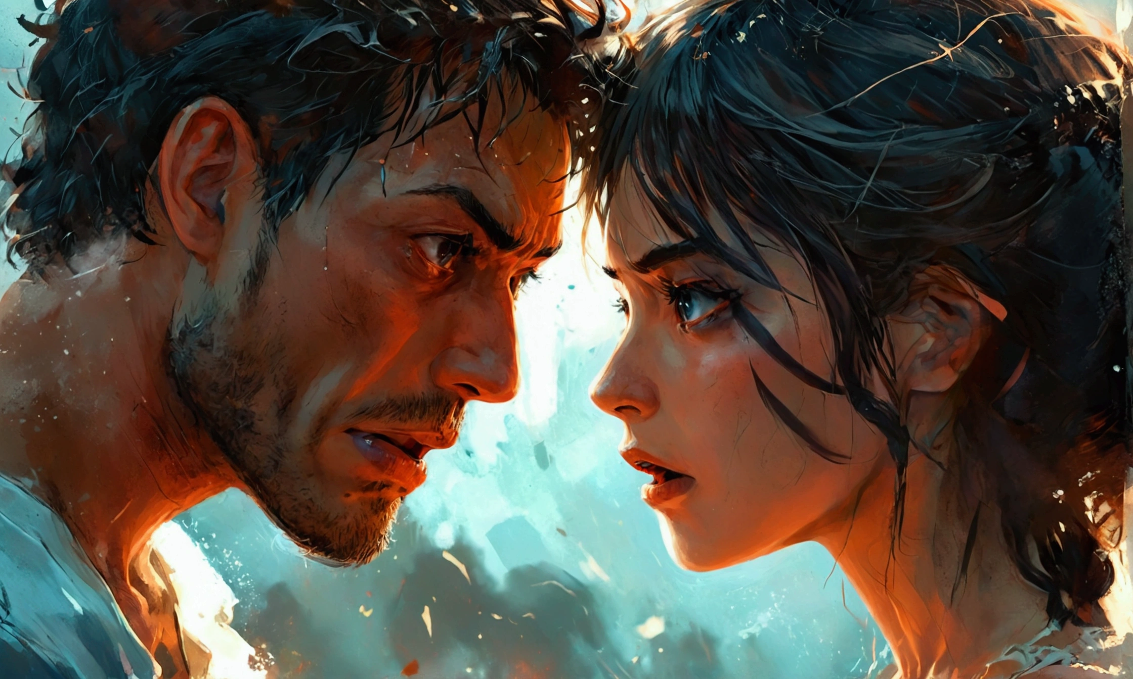 a man and a woman arguing,manga style art