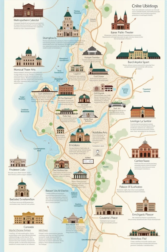 Make me an infographic of the following heritage buildings located on a map of Santiago. Add information Metropolitan Cathedral Municipal Theater Palace of Fine Arts Basilica of El Salvador La Moneda Cousiño Palace