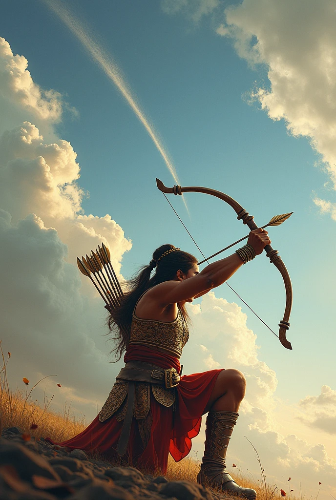 A warrior from mahabharat kneels and bows his head, shooting arrows at the sky