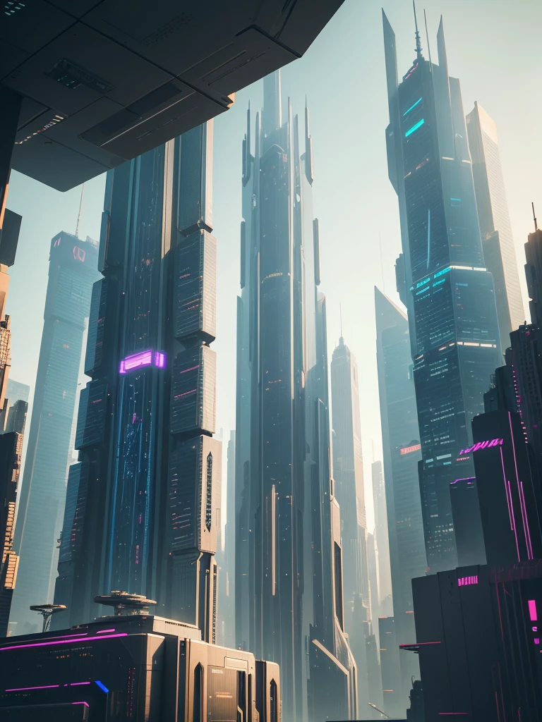 a futuristic cyberpunk cityscape, towering glass skyscrapers reaching up from the ground, clean utopian architecture, advanced technology, dynamic lighting, cinematic composition, detailed 8k, best quality, photorealistic, intricate details