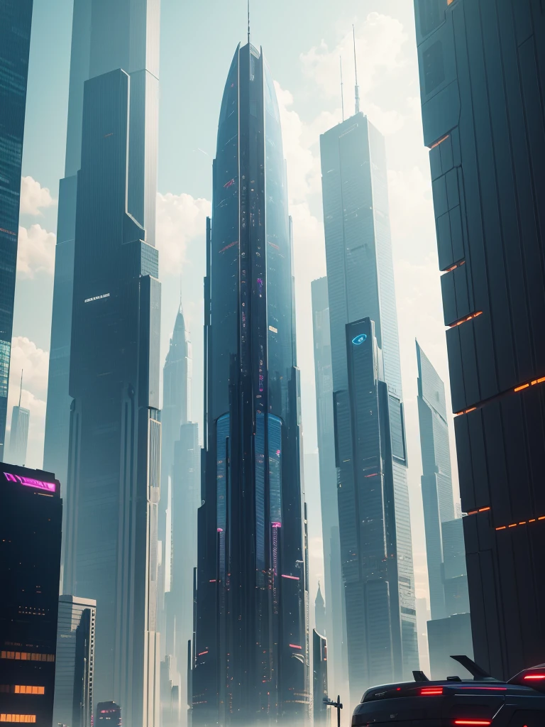 a futuristic cyberpunk cityscape, towering glass skyscrapers reaching up from the ground, clean utopian architecture, advanced technology, dynamic lighting, cinematic composition, detailed 8k, best quality, photorealistic, intricate details