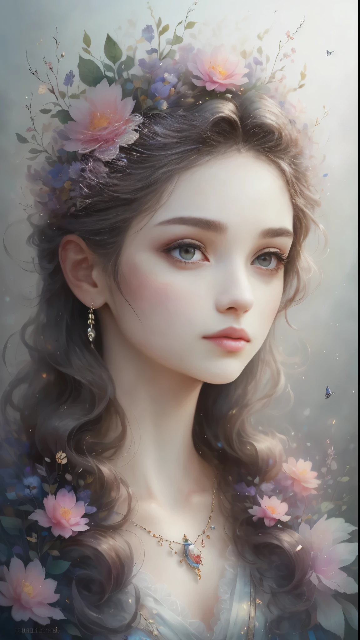 (Best quality, 4K, 8K, A high resolution, Masterpiece:1.2), Ultra-detailed, Realistic portrait, Beautifully detailed eyes, beautiful detailed lips, Detailed expression, Graceful posture, subtly lit, Dreamy atmosphere, Dark-toned background, expressive brush strokes, mystical ambiance, Artistic interpretation, Stunning Studio Ghibli style costumes, a whimsical illustration, Subtle colors and tones, mystical aura,