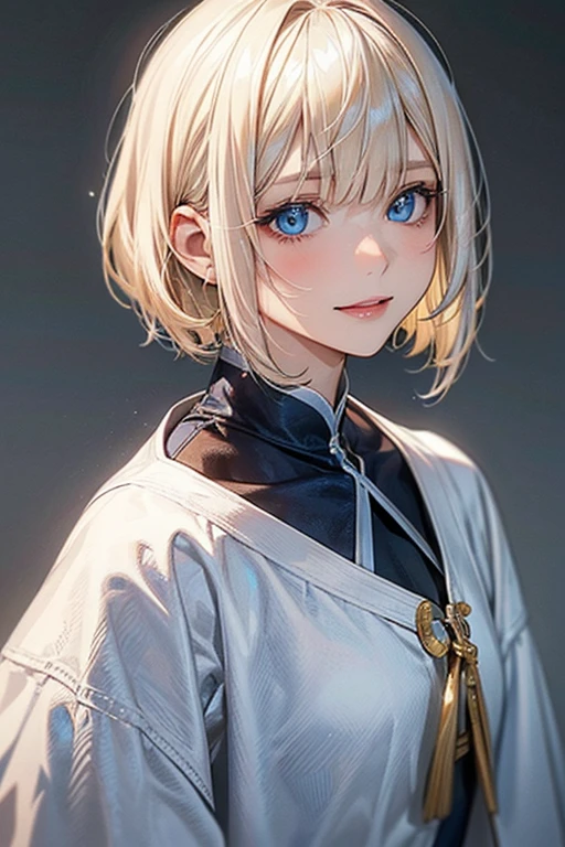 /imagine: Digital illustration of a young woman in her twenties。((face:
Sharp jaw、Thin eyebrows、整ったface立ち
クールな印象を与える切れ長の目
目:
Blue Eyes、Cold eyes with subtle highlights:
Short Bob、Her bangs are cut diagonally and her hair is platinum blonde.:
Light Skin Tone、Smooth and healthy looking skin:
Neutral or slightly smiling))。Simple white background、Highlight her features。The style is photorealistic、The texture of the skin and the fine details of the hair are depicted with great detail.。The image is in portrait format、Composition suitable for SNS profile picture。