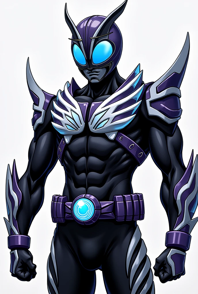 Overall Silhouette: The body type is muscular yet slim, typical of Kamen Rider designs. The design emphasizes mobility while conveying a sense of strength, with flowing lines that highlight the body’s movement, balancing agility and power.
Main Colors: The primary colors are black, white, and blue, which are cleverly arranged. Black serves as the base color, with white and blue as accents. These colors follow the body’s contours, with blue lines particularly on the chest, arms, and legs, and white details on the helmet and belt.
Helmet: The helmet is the iconic part of the Kamen Rider look, complex yet instilling a sense of heroic dignity. It features a black base with sharp blue compound eyes. The head has white lines flowing down the center, incorporating futuristic mechanical elements throughout the design.
Armor: Armor pieces cover the chest, shoulders, arms, and legs. The chest armor features a signature "V" shape, characteristic of Kamen Rider, with blue and white lines radiating outward. The armor's surface has intricate mechanical patterns, yet it remains smooth overall, exuding strength.
Umanize Driver:
Design: The Umanize Driver stands out as a unique transformation belt in the Kamen Rider series. It features a purple and white color palette, with a large circular slot in the center where the Golbo is inserted. The belt itself is black with purple and white mechanical details running along it, lighting up when worn.
Golbo: The circular transformation item, "Golbo," plays a key role in Kamen Rider transformations. It has a glossy black and purple finish, with a glowing blue center. When set into the Umanize Driver, the entire belt illuminates, initiating the transformation into Kamen Naizer Uma.
Additional Elements:
Finishing Move: The Umanize Driver's finishing move is executed by setting the Golbo into the belt, charging energy, and then releasing it. Blue energy envelops the entire body, concentrating into the fists or feet to deliver a powerful f