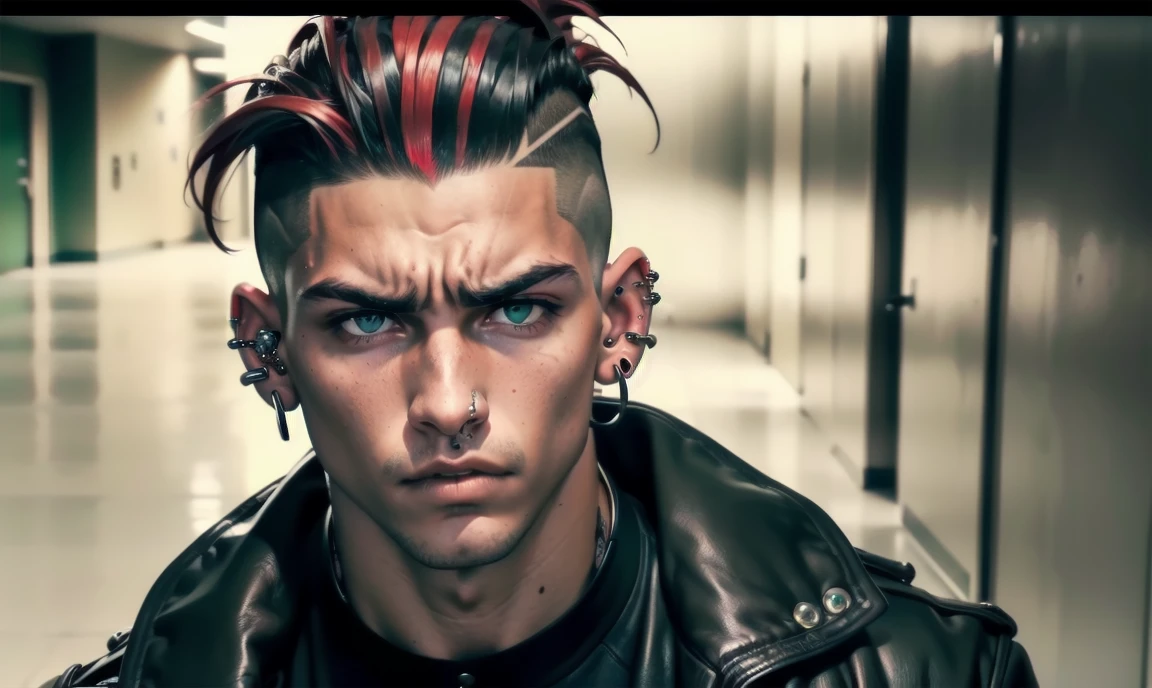 "((highly detailed, detailed eyes, detailed face, clear and realistic facial features, photorealistic, realistic light; cinematic)), (1 man), ((((school hallway background)))), (((gorgeous athletic punk tough bully male))), ((18-year-old teenage male)), ((((glaring expression)))), ((intimidating mood)), ((blue-green eyes)), ((long black hair with a undercut)), (((dressed in black and leather))), ((multiple metal ear piercings)) ((red tint in hair))."