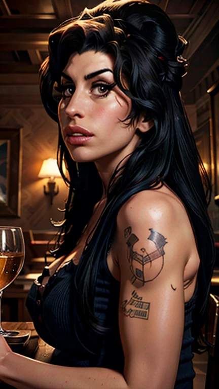 a beautiful full body portrait of amy winehouse, mid distance shot. cowboy shot, detailed realistic face, stunning eyes and lips, singing in an old english pub in london, atmospheric lighting, warm tones, detailed wood furniture, glasses of alcohol, smoke, 1950s style, (best quality,4k,8k,highres,masterpiece:1.2),ultra-detailed,(realistic,photorealistic,photo-realistic:1.37),cinematic composition,dramatic lighting,rich color palette