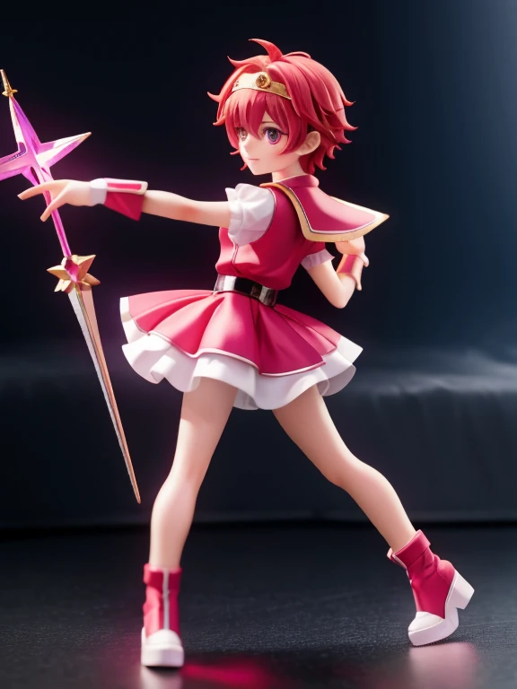 Magical giel、Primary school students、Young girl、、height: 130cm、Short Hair、Shortcuts、boyish、Circlet、Character portrait、spats、hot pants、Magical Girl Costume、Red clothes、Red Hair、Red eyes、Magic wand、Fighting gloves on hands
