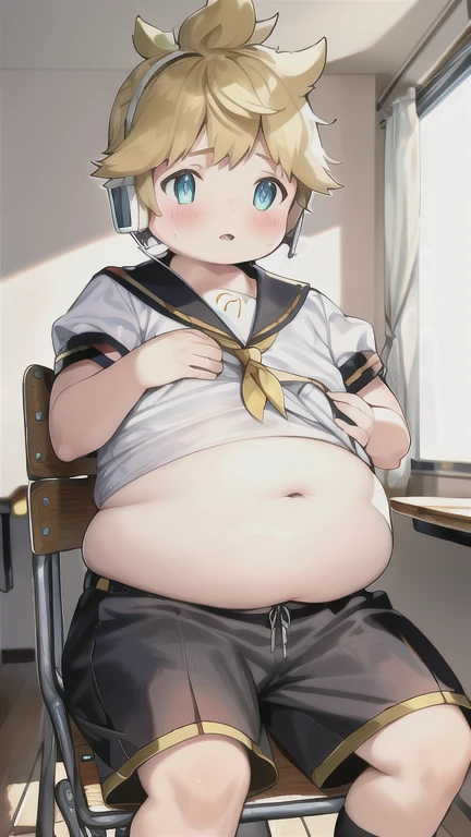 10 year old boy, cute Kagamine Len, ((chubby)), (plump), severely obese, ((over small sailor uniform)), short sleeves, chubby body, whole belly spilling over the waistband, unbuttoned shorts, earphones, tie, parted lips, (full blushed), sitting on a chair in a classroom, heavily breathing, belly being tickled