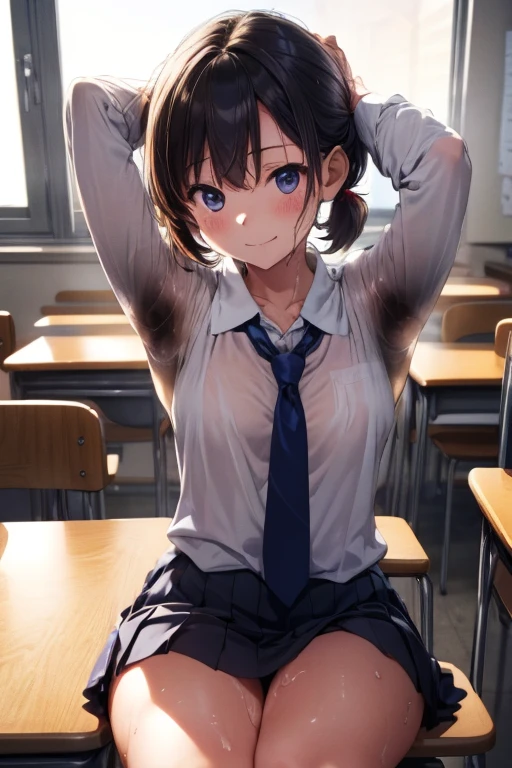 NSFW、(masterpiece, Highest quality:1.2), 1 girl, (Tabletop, Highest quality:1.2), 8k, , 85mm, Official Art, RAW Photos, White dress shirt, Cute Face, close, beautiful girl, (Dark red tie:1.1)、(Navy Pleated Skirt:1.1), Long sleeve、Roll up your sleeves, classroom, Twin tails、short hair、Sit on a chair, Looking at the audience, (smile:1.2), Sharp focus, Face Light, Bright lighting, Detailed face, ((Background blur,日本の学校のclassroom、Cherry tree seen from the window)),(((Sweat)))、(((Sweat染み、Clothes get wet)))、(((Body odor)))、(((body odor)))、(Angle from below)、(((Love juice)))、((To the tips of the feet))、(((Leg spread)))