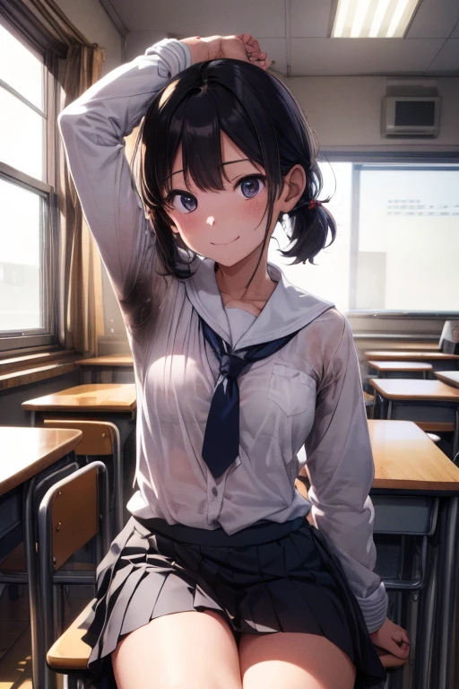 NSFW、(masterpiece, Highest quality:1.2), 1 girl, (Tabletop, Highest quality:1.2), 8k, 16 years old, 85mm, Official Art, RAW Photos, White dress shirt, Cute Face, close, beautiful girl, (Dark red tie:1.1)、(Navy Pleated Skirt:1.1), Long sleeve、Roll up your sleeves, classroom, Twin tails、short hair、Sit on a chair, Looking at the audience, (smile:1.2), Sharp focus, Face Light, Bright lighting, Detailed face, ((Background blur,日本の学校のclassroom、Cherry tree seen from the window)),(((Sweat)))、(((Sweat染み、Clothes get wet)))、(((Body odor)))、(((body odor)))、(Angle from below)、(((Love juice)))、((To the tips of the feet))、(((Leg spread)))