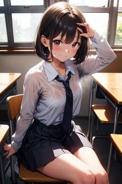 NSFW、(masterpiece, Highest quality:1.2), 1 girl, (Tabletop, Highest quality:1.2), 8k, 16 years old, 85mm, Official Art, RAW Photos, White dress shirt, Cute Face, close, beautiful girl, (Dark red tie:1.1)、(Navy Pleated Skirt:1.1), Long sleeve、Roll up your sleeves, classroom, Twin tails、short hair、Sit on a chair, Looking at the audience, (smile:1.2), Sharp focus, Face Light, Bright lighting, Detailed face, ((Background blur,日本の学校のclassroom、Cherry tree seen from the window)),(((Sweat)))、(((Sweat染み、Clothes get wet)))、(((Body odor)))、(((body odor)))、(Angle from below)、(((Love juice)))、((To the tips of the feet))、(((Leg spread)))