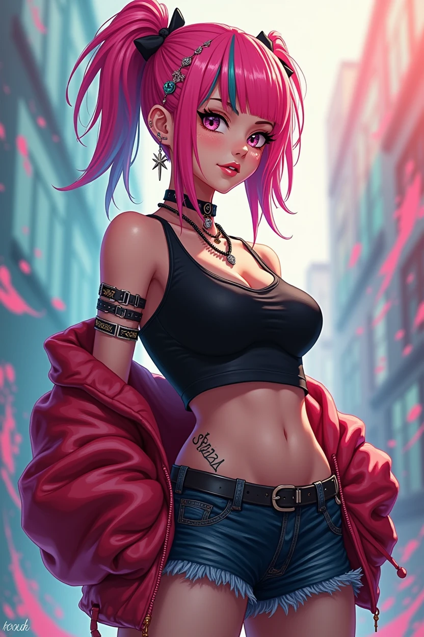 Loving, Love, (beautiful and clear background:1.2), high detailed eyes , underwear, lace, latex, Pink, Purple, mint, Blue, Yellow, lavender hair, body piercings, Loving, Love, ultra detail hair, Masterpiece, Best Quality, hiquality, hight resolution, detail enhancement, ((most beautiful image in the world)), Masterpiece, Best Quality, hiquality, hight resolution, detail enhancement, ((most beautiful image ), art by stjepan sejic, art by j scott campbell, Artist Guillem March, art by citemer liu, 4k, hight resolution,high quality detailed, style of ::2.0 comix illustration style,hiquality, hight resolution, detail enhancement, 8K, HD, Best Quality, hiquality, hight resolution, detail enhancement, 8K, HDR, sharp-focus, Ultra Detailed, perfect lighting, Curvy Body, Lush breasts, Curvy hips, rock, rock star, Cool,black leather jacket , style of, spikes, Cat's ears, Cool bracelets, Choker, Short shorts, fishnet pantyhose, Heart Print, Heart, Wearing gloves