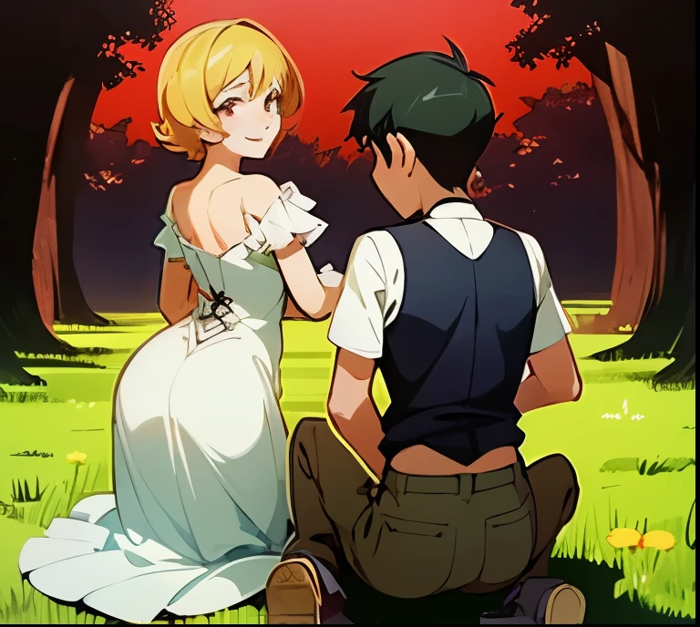 score_9, score_8_up, score_7_up, source_anime, 1boy, 1girl, mature female, mother and son, ???, smile, looking at viewer, The mother is sitting, son is clinging on mother, white dress, from behind, (focus on her hips), Riding on son's cock 