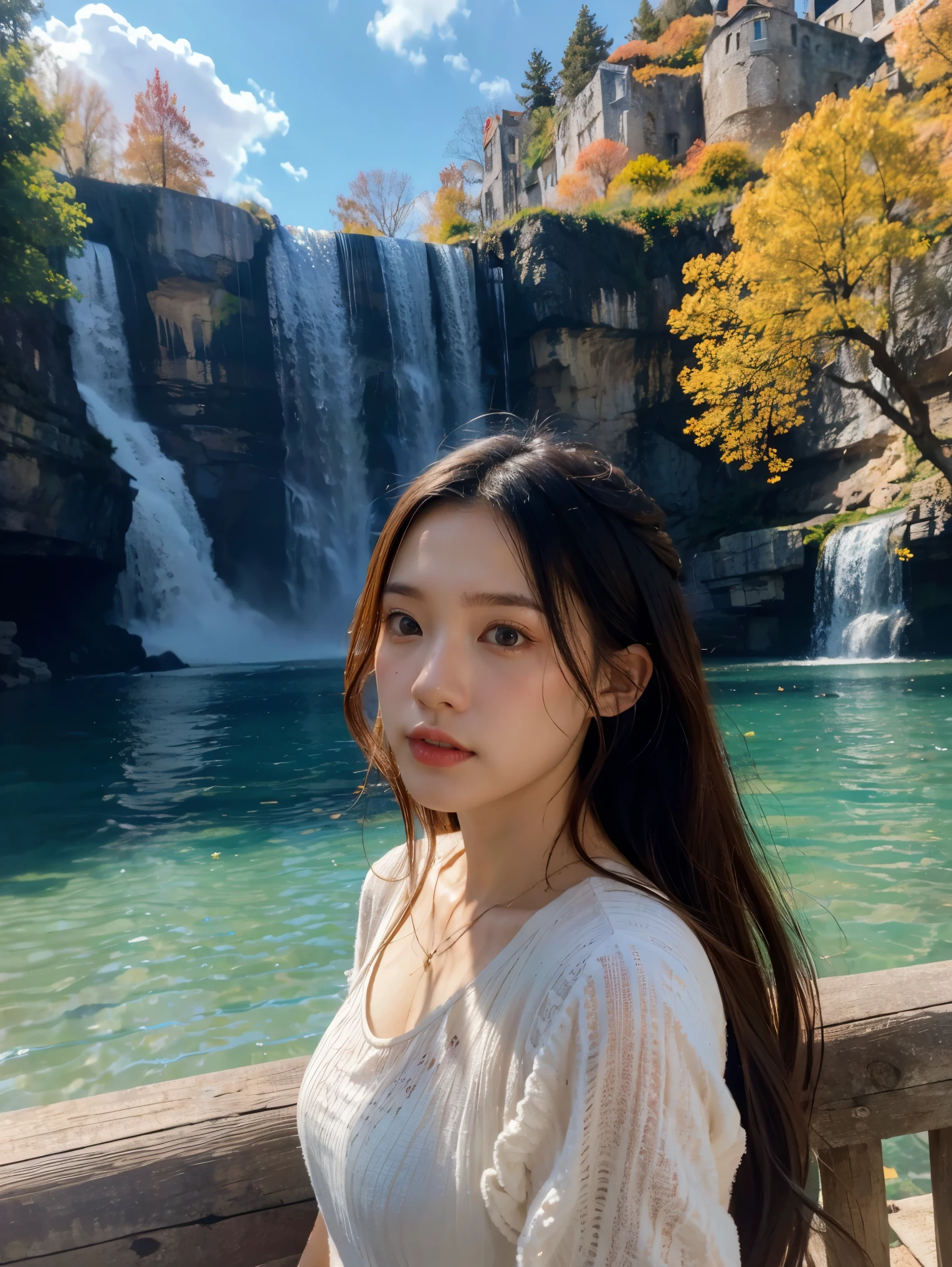 masterpiece, best quality, high quality, extremely detailed CG unit 8k wallpaper, landscape, outdoor, sky, cloud, day, great medieval castle,1girl, , mountain, landscape, water, tree, blue sky, waterfall, cliff, nature, lake, river, village, autumn, cloudy sky, multicolored flowers, award-winning photography, Bokeh, depth of field, HDR, bloom, chromatic aberration, photorealistic, extremely detailed, trend on artstation, trend on CGsociety, Complex, High Detail, dramatic, art by midjourney