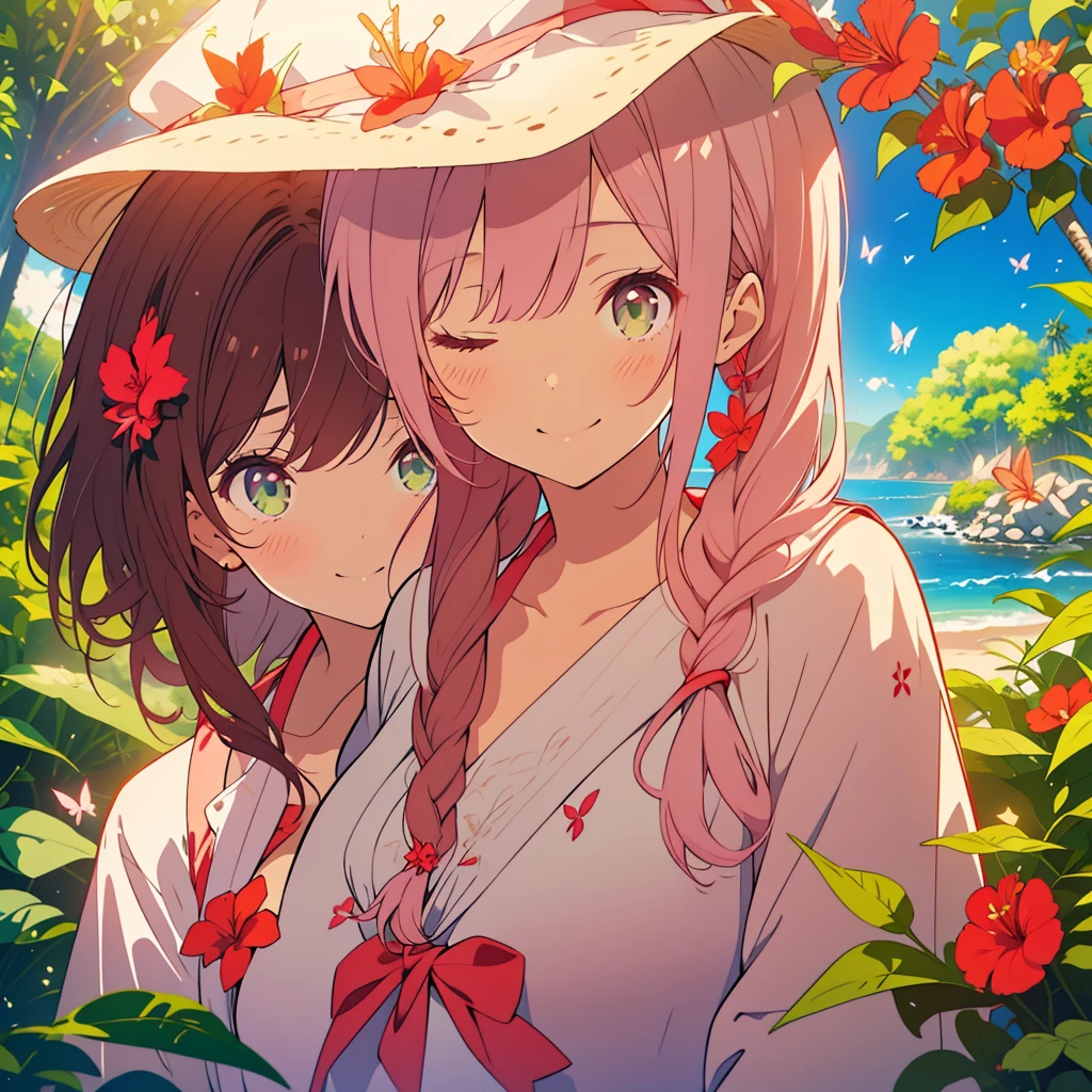 hibiscus、A woman with long light pink hair and wearing a swimsuit is sleeping、A girl with long dark brown hair and green eyes brings a gift、Beach、celebration、Butterflies fluttering、hibiscusの花びらが舞う、Daytime、Sea background、Detailed facial expressions、smile
