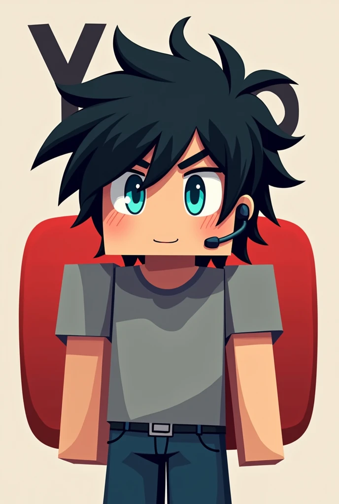 Create minecraft logo with black hair and gray t-shirt into youtube logo have a earport blue eye
