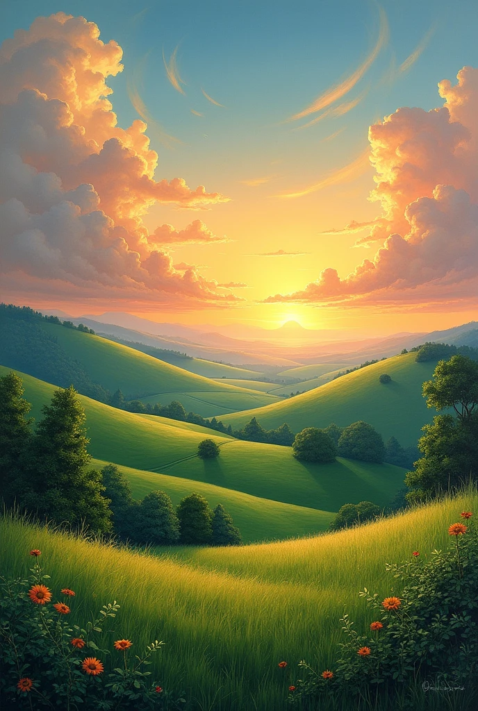 Greenish sorroundings, painting, aesthetic, nature, valley, plains, clouds and sunset