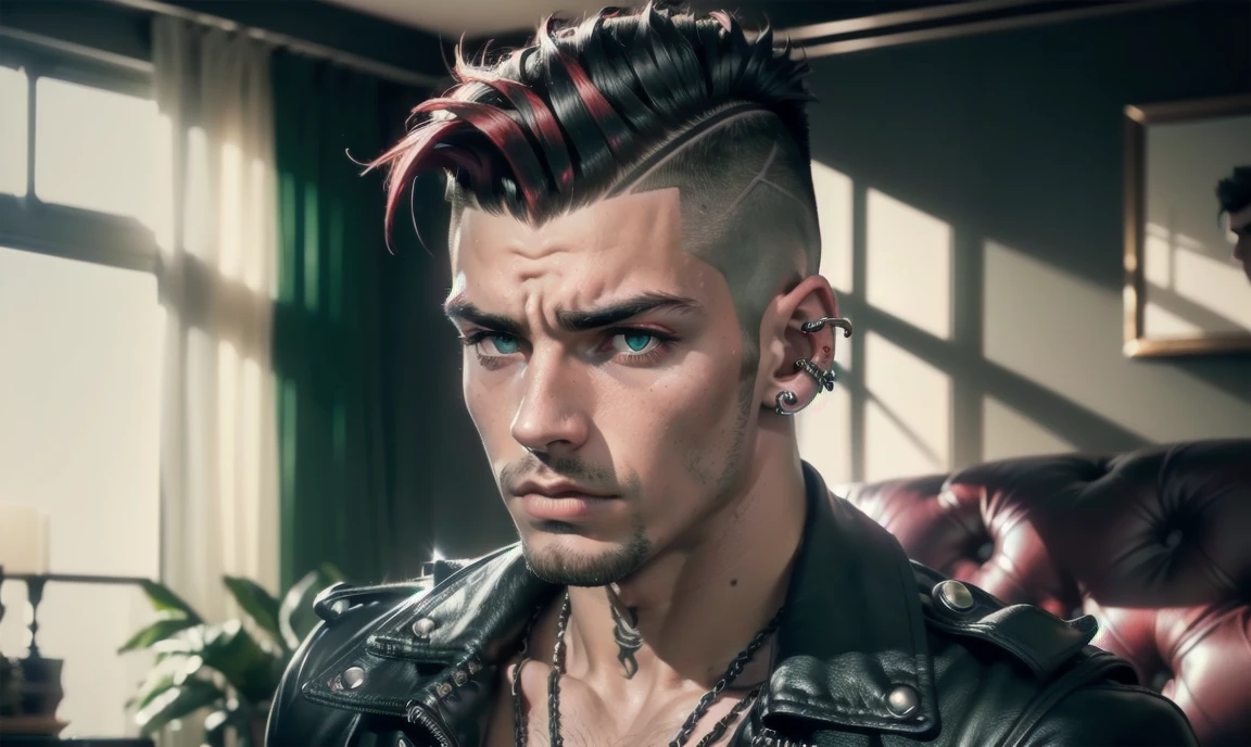 ""((highly detailed, detailed eyes, detailed face, clear and realistic facial features, photorealistic, realistic light; cinematic)), (1 man), ((((living room background)))), (((gorgeous athletic punk tough bully male))), ((20-year-old male)), (((uncomfortable expression))), (((imposing pose))) , ((blue-green eyes)), ((short black hair with a undercut)), (((dressed in black and leather))), ((multiple metal ear piercings)) ((red tint in hair)), ((standing looking down))."