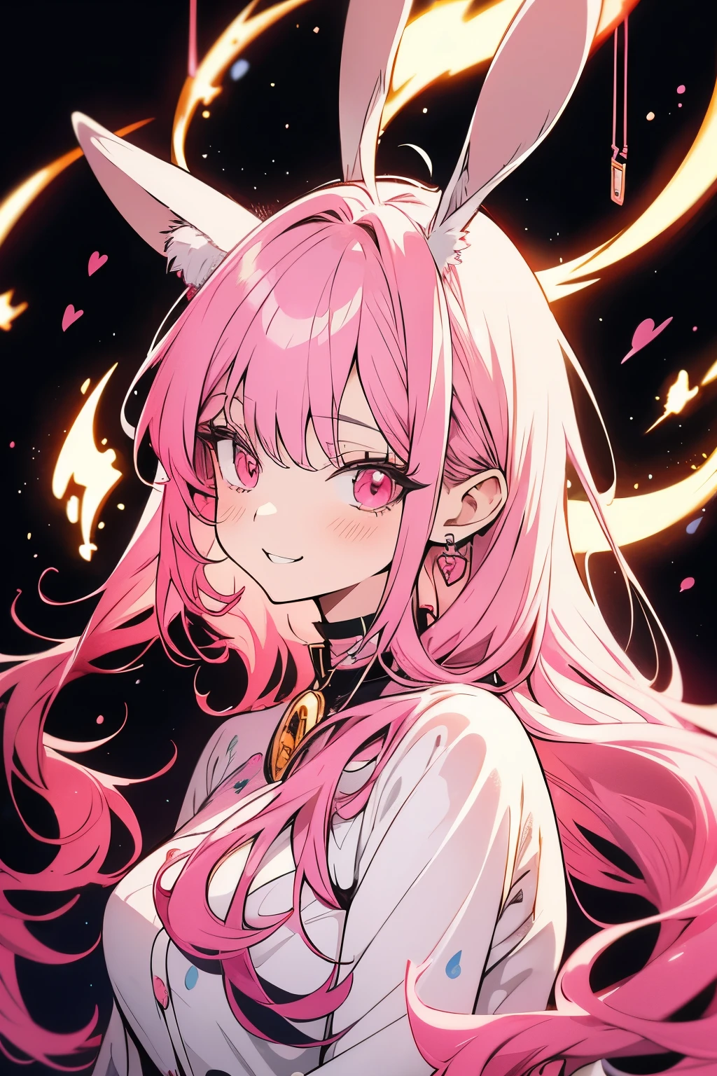 Anime Style, Cartoon close-up of a woman with bunny ears and a tail, With rabbit tail, With rabbit ears, Girl Design, times, Portraiture, Gisha, Anime Images, Long Hair, Pink Hair, Hair covering the ears, Happy, Sophisticated and powerful appearance, exotic, expensive  