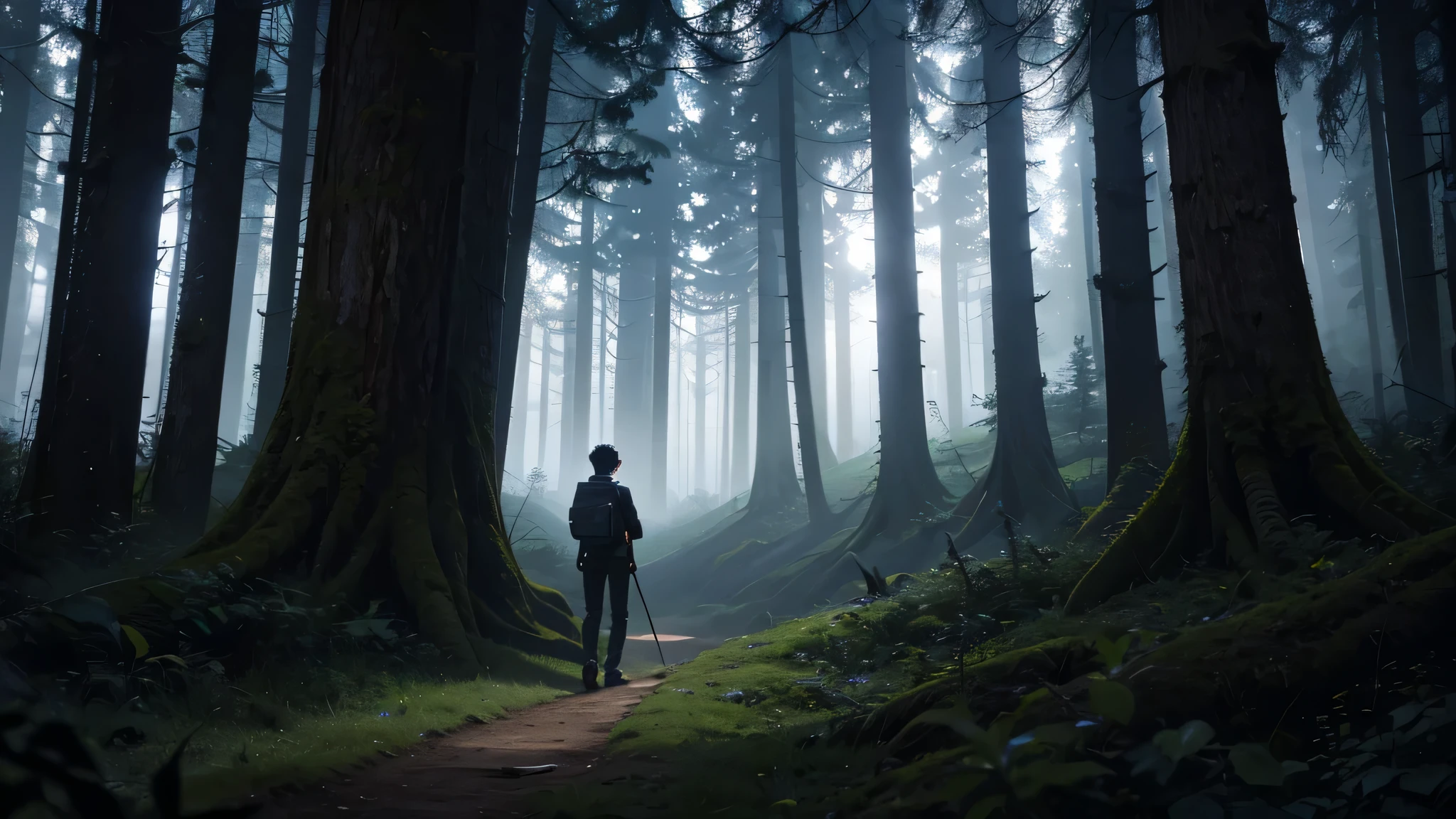 Shot from behind, a lone teenager steps cautiously into the dark forest's misty veil. Flashlight shadows dance eerily on ancient tree trunks as he navigates the treacherous terrain. The camera captures his hesitant gait, the only sound being the rustling of leaves beneath his feet. Moon and stars above cast an ethereal glow, illuminating the forest's mystique. all this extremely detail