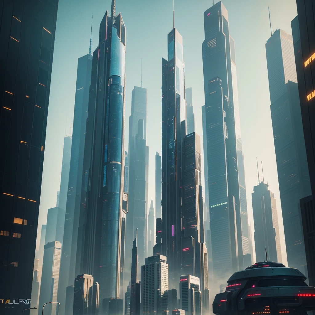a futuristic cyberpunk cityscape, towering glass skyscrapers reaching up from the ground, clean utopian architecture, advanced technology, dynamic lighting, cinematic composition, detailed 8k, best quality, photorealistic, intricate details
