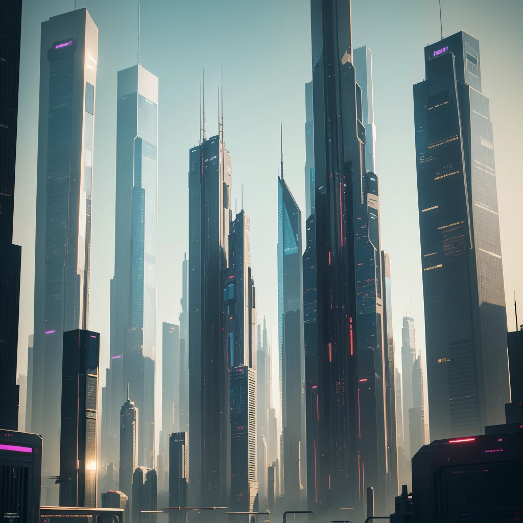 a futuristic cyberpunk cityscape, towering glass skyscrapers reaching up from the ground, clean utopian architecture, advanced technology, dynamic lighting, cinematic composition, detailed 8k, best quality, photorealistic, intricate details