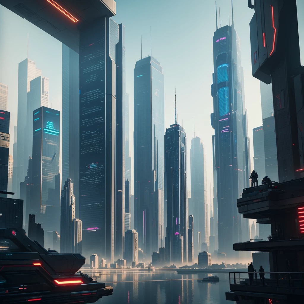 a futuristic cyberpunk cityscape, towering glass skyscrapers reaching up from the ground, clean utopian architecture, advanced technology, dynamic lighting, cinematic composition, detailed 8k, best quality, photorealistic, intricate details