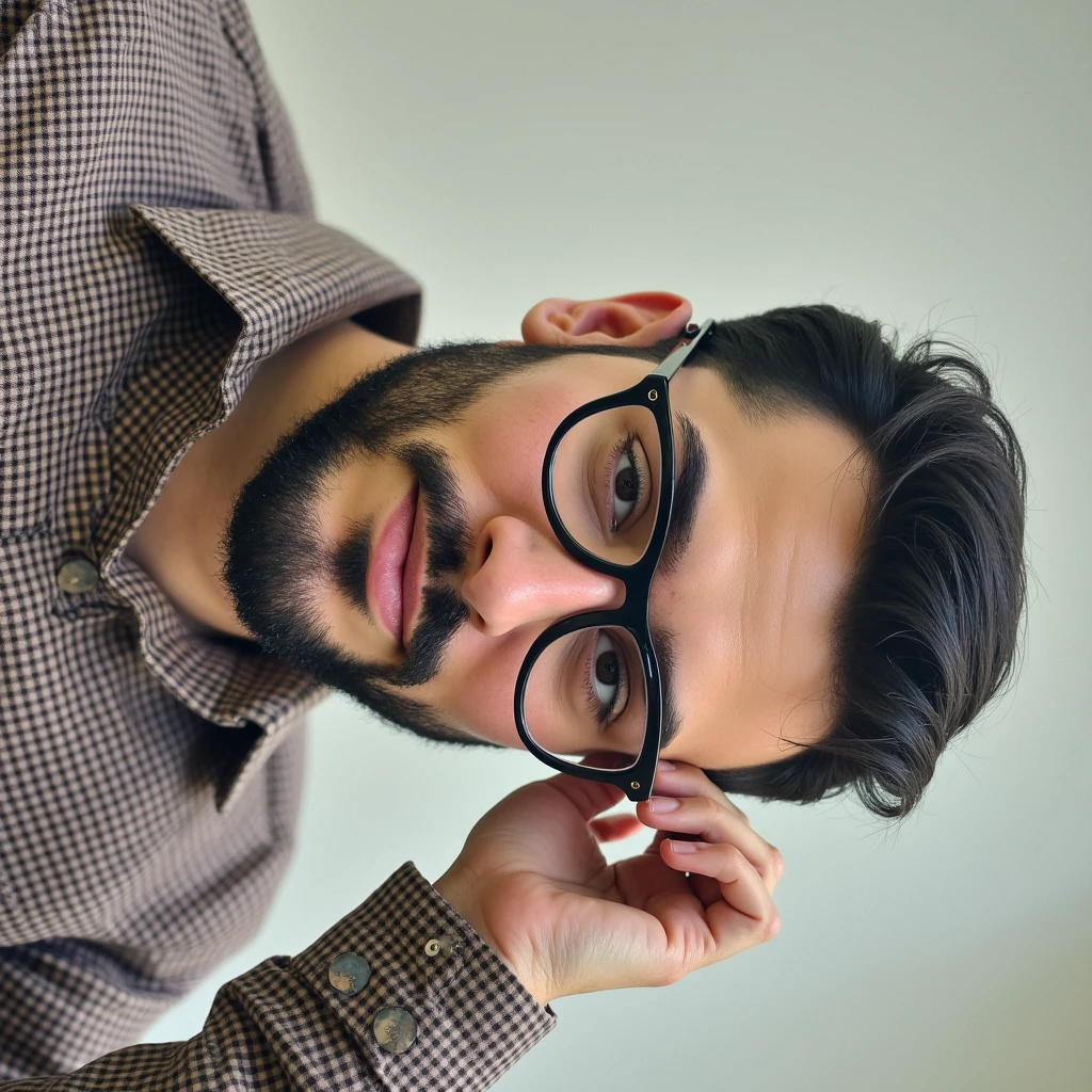 Dark-haired man with black hair, high quality glasses, brown checkered shirt