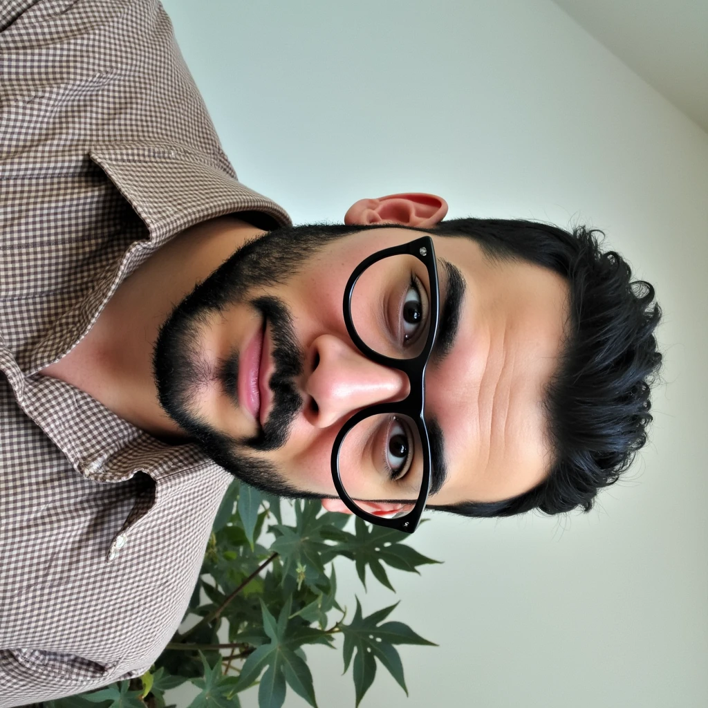 Dark-haired man with black hair, high quality glasses, brown checkered shirt