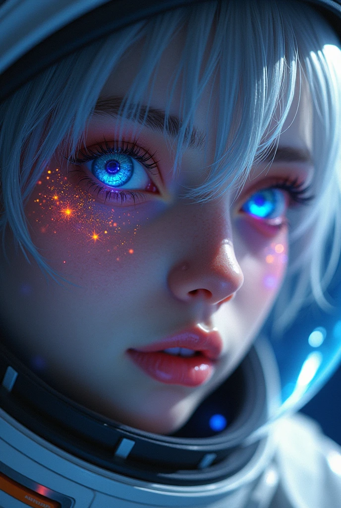 (Close-up of a better masterpiece:1.5)0.9], (Space and astronauts:1.2) (Messy silver hair:1.1) (Heterochromia xanthochromia and blue eyes:1.2) (Space Helmet:1.0) (Colored stars in the eyes:1.0) (A radiant glow:1.1) (thick lips:0.9)