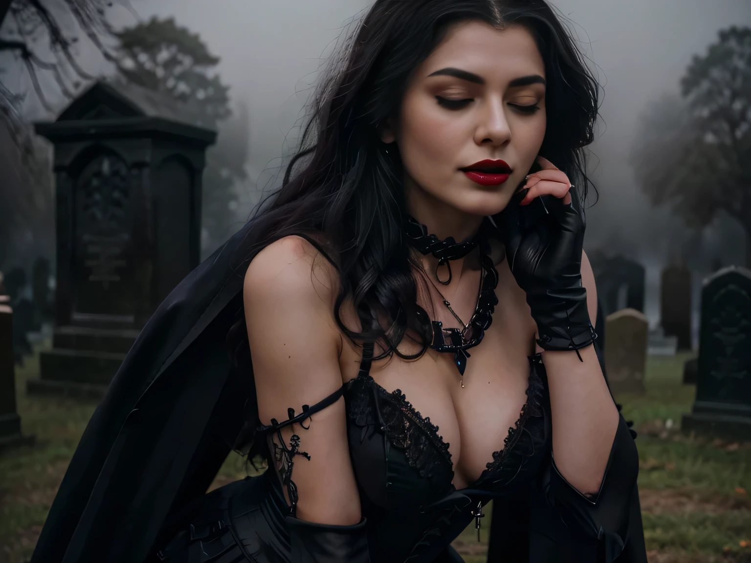 Beautiful 20 year old woman fucked in the ass by her man , with short messy wavy black hair, wearing a red corset with black accents and large black cloak, (( fine detailed five fingers long black gloves)) (( in a foggy cemetery at night )) (red lipstick:1.5), realistic skin texture, (cross necklace:1.2), (eyes closed:1.3), (Zentangle and Gothic Art:1.4), photo realistic, 8k (( full figure pictures))