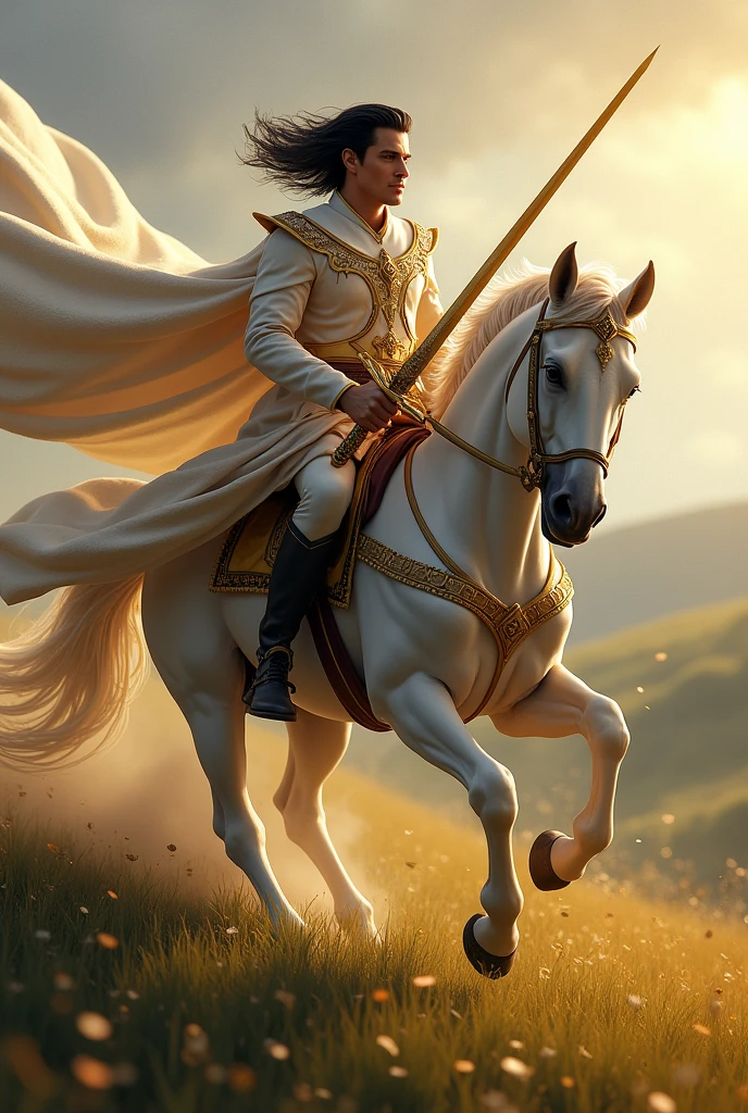 Handsome strong prince with black hair holding gold sword riding a white horse.