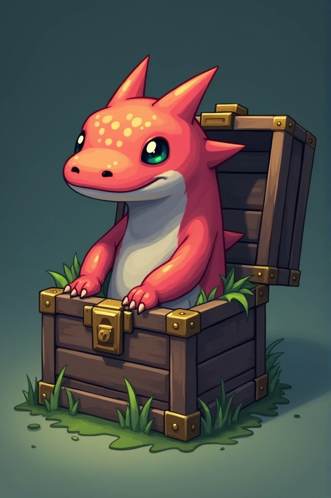 Axolotl logo coming out of a simple minecraft chest