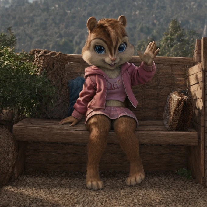 score_9, score_8_up, score_7, score_6, detailed background, brittany miller, chipmunk, furry, short ears, pink jacket, pink skirt, light pink shirt, sitting on couch, waving at viewer, 6 inches tall,