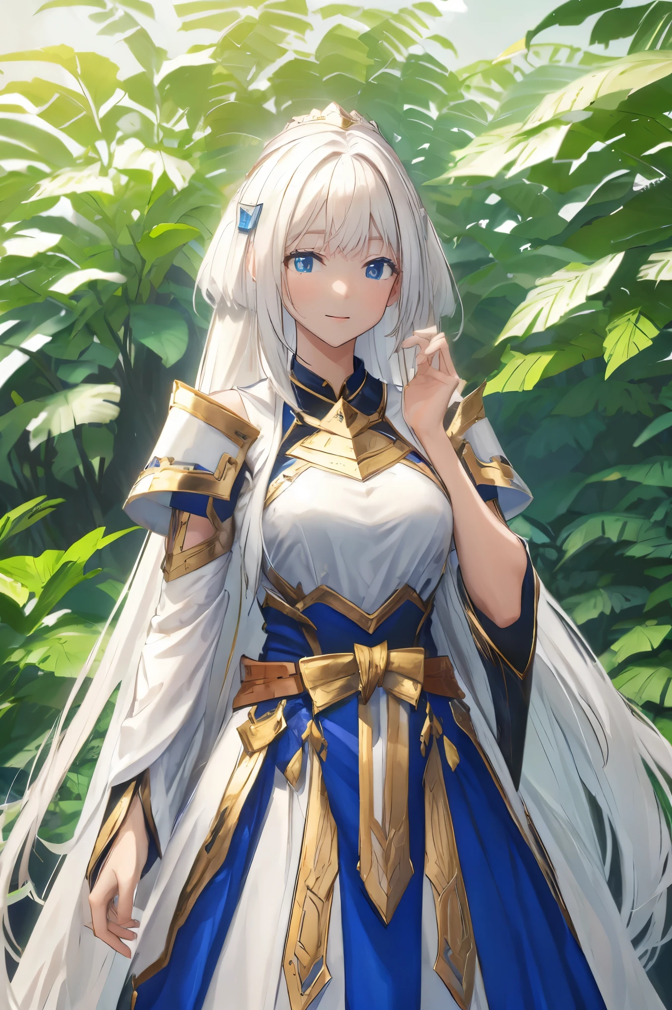 female, hair ornament, crown, smile, look at camera,  ((white hair)),  blue eyes, armor, ((long hair))