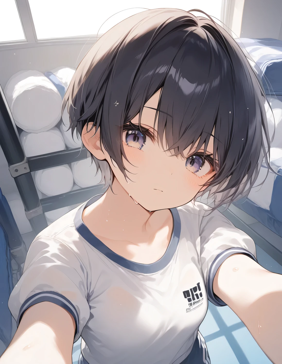 score_9, score_8_up, score_7_up, source_anime, best quality, masterpiece, official art, absurdres, highres, ultra-detailed,waifu2x,JAV Cover,break,1girl, tomboy, idol girl, gym uniform, very short hair, pixie cut, small breasts, slender, beautiful detailed eyes, expressionless, sweat, sleepily, sexual appeal, gym storeroom, mat, molestation, pov, indoors, break,(clear line illustration:1.2), super detailed skin, shiny skin, very high resolution, very aesthetic, Best sexual lighting powered by famous artist, 4k, 8k, 16k, cute picture, beauty illustration,photoshop_(medium),,(Detailed Lighting),best anime 8k konachan wallpaper, pixiv contest winner,