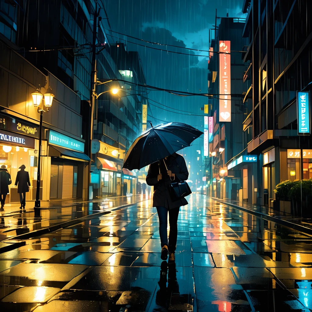 A serene and emotional scene depicting a late-night cityscape with cold streets and dark skies filled with rain. In the foreground, a warm light symbolizing comfort and guidance shines, illuminating the path. The imagery captures the feeling of overcoming challenges with love and support, showing a figure walking confidently, holding an umbrella under the rain. The atmosphere is reflective and hopeful, emphasizing themes of resilience, love, and clarity.