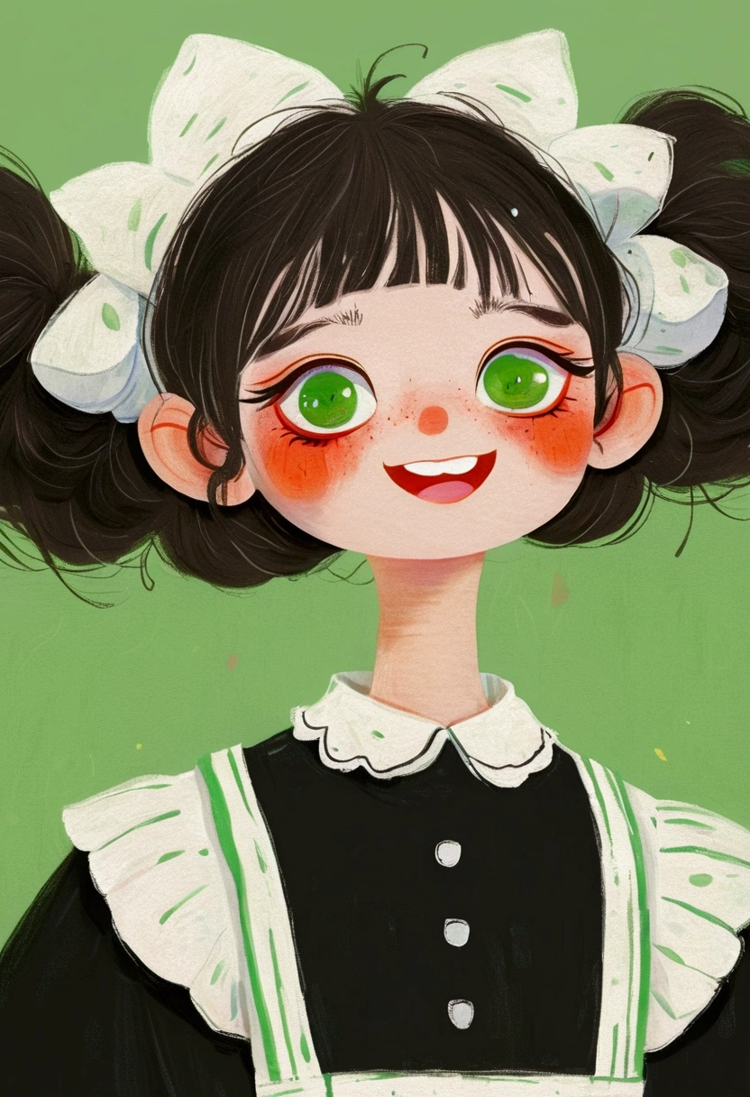 A painting,Pastel Art:Little girl in black and white maid costume。Big green eyes,short hair,laughing out loud,teeth。cute的数字, cute。Portrait, Kasuga, cute的角色, cute 多彩 cute
绿色背景