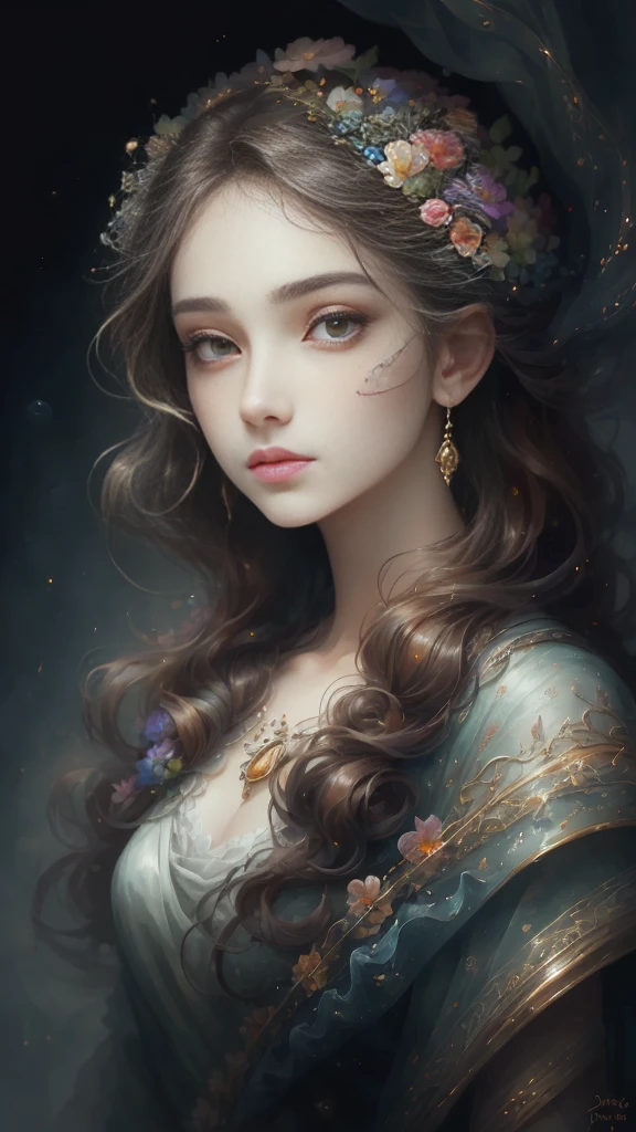 (Best quality, 4K, 8K, A high resolution, Masterpiece:1.2), Ultra-detailed, Realistic portrait, Beautifully detailed eyes, beautiful detailed lips, Detailed expression, Graceful posture, subtly lit, Dreamy atmosphere, Dark-toned background, expressive brush strokes, mystical ambiance, Artistic interpretation, Stunning Studio Ghibli style costumes, a whimsical illustration, Subtle colors and tones, mystical aura,