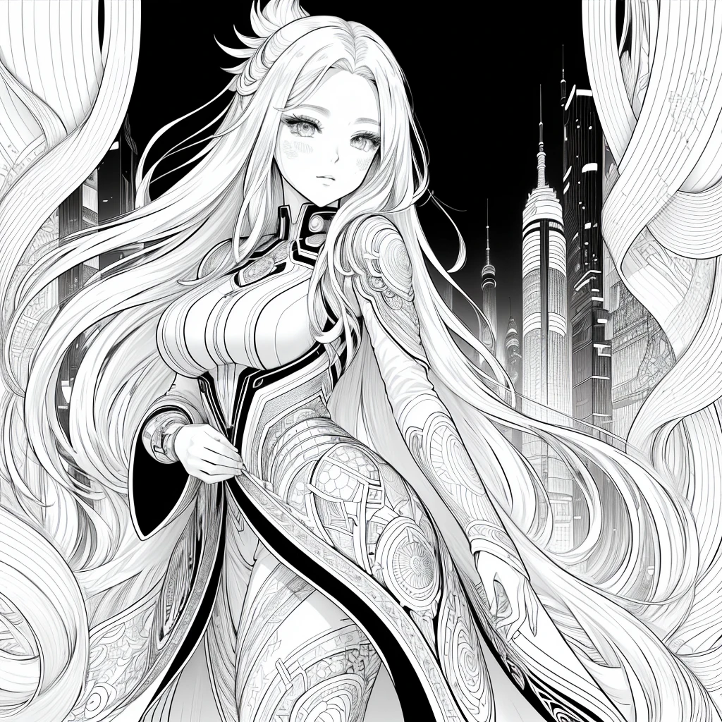 Background of the futuristic city,Close-up of a beautiful woman with long hair, Fine ink line art, Beautiful Line art, Perfect Line Art, detailed manga style, In manga style, Line art colouring page, Line art!!, Beautiful Line art, Complex manga drawings, Complex Line Art, Very detailed line art, detailed Line art, Highly detailed line art,monochrome,For coloring books