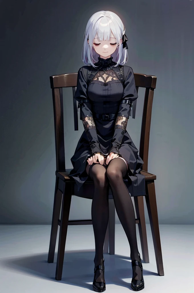 Doll joints, Chair, Sit up straight, Apathy, Sleep, Ceiling lighting, Gothic Dress, No sleeve, close your eyes, Centered, spiderweb, Brick wall, Dim Light, (masterpiece, Highest quality, Very detailed, Highest quality, beautifully、aesthetic:1.2), (One girl:1.3), original, High resolution, Surreal,