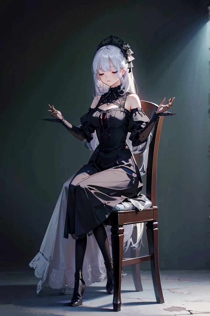 Doll joints, Chair, Sit up straight, Apathy, Sleep, Ceiling lighting, Gothic Dress, No sleeve, close your eyes, Centered, spiderweb, Brick wall, Dim Light, (masterpiece, Highest quality, Very detailed, Highest quality, beautifully、aesthetic:1.2), (One girl:1.3), original, High resolution, Surreal,
