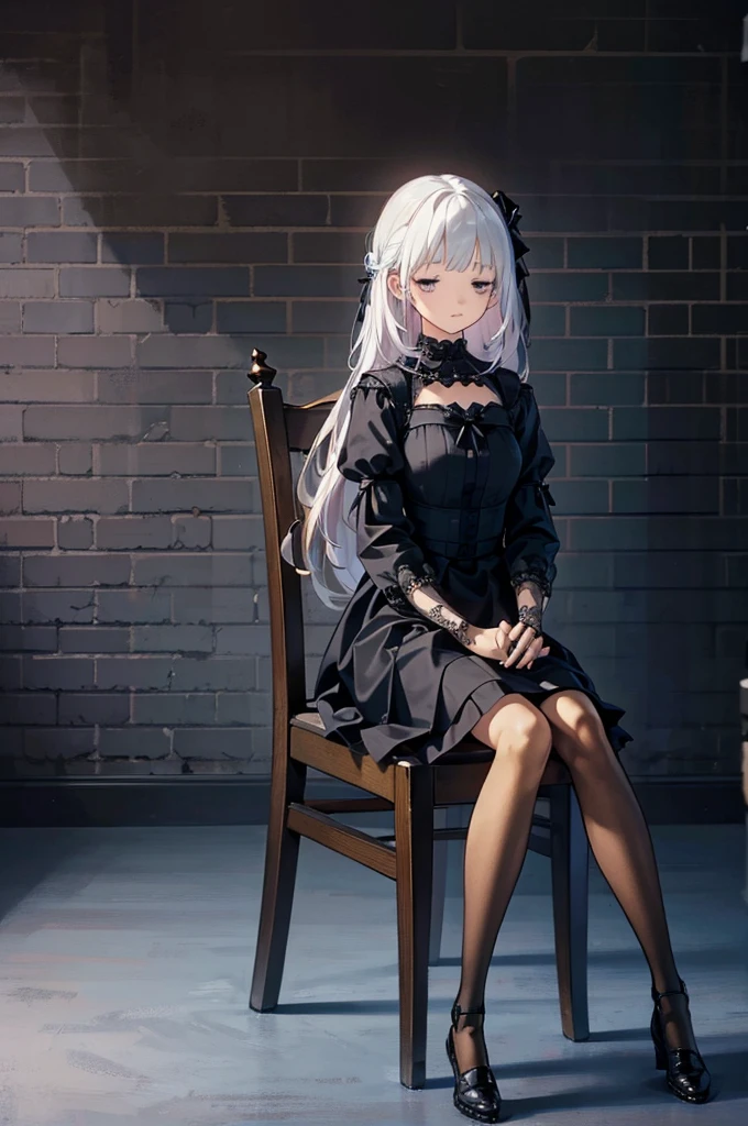 Doll joints, Chair, Sit up straight, Apathy, Sleep, Ceiling lighting, Gothic Dress, No sleeve, close your eyes, Centered, spiderweb, Brick wall, Dim Light, (masterpiece, Highest quality, Very detailed, Highest quality, beautifully、aesthetic:1.2), (One girl:1.3), original, High resolution, Surreal,