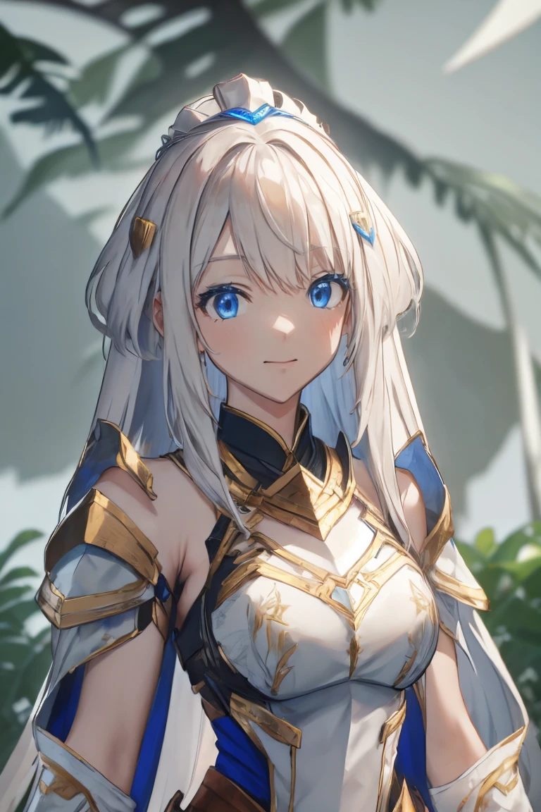 female, hair ornament, crown, smile, look at camera,  ((white hair)),  blue eyes, armor, ((long hair))