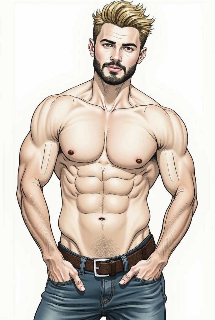 Draw a picture of a handsome, muscular western man with short blond hair and a bit of a beard masturbating.