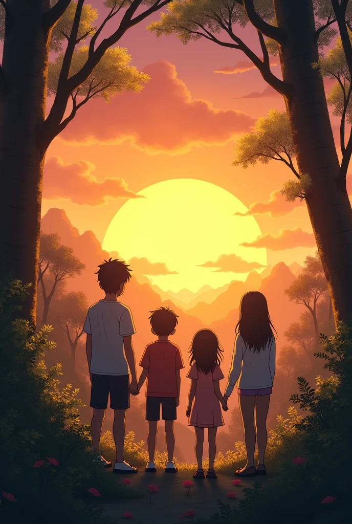 2 boy with 2 girl sunset with rear view in forest