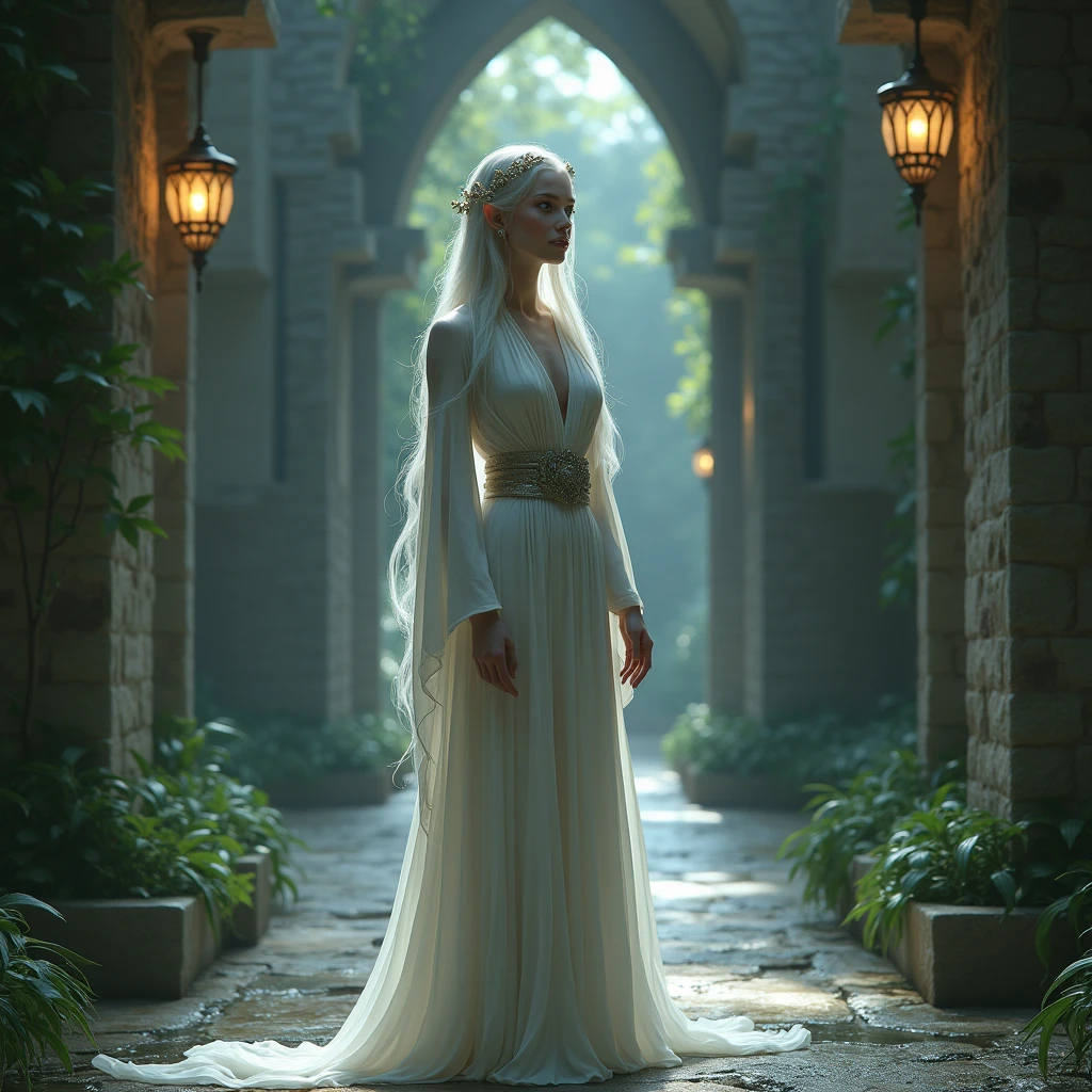 Beautiful and etheral Elfic princess, Galadriel (played by Cate Blanchett) white skin, the Grey Havens elfic Capital of the High Elves, Elven region ruled by Gil-galad, lord of the rings vibes