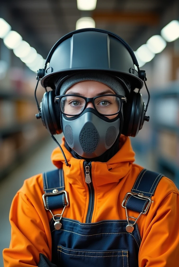 Person with personal protective equipment: 
Wood cutting gloves glasses overalls face mask M920 V headband earmuffs PUT IT ON ME THE SAME WAY BUT WITHOUT A HELMET 