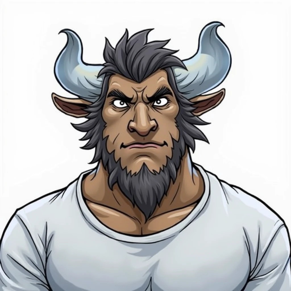 (Minotaur) mancon cabeza de toro , ( face with friendly expression) man , arms intertwined , (semi-muscular body build, design similar to the image prompts, 