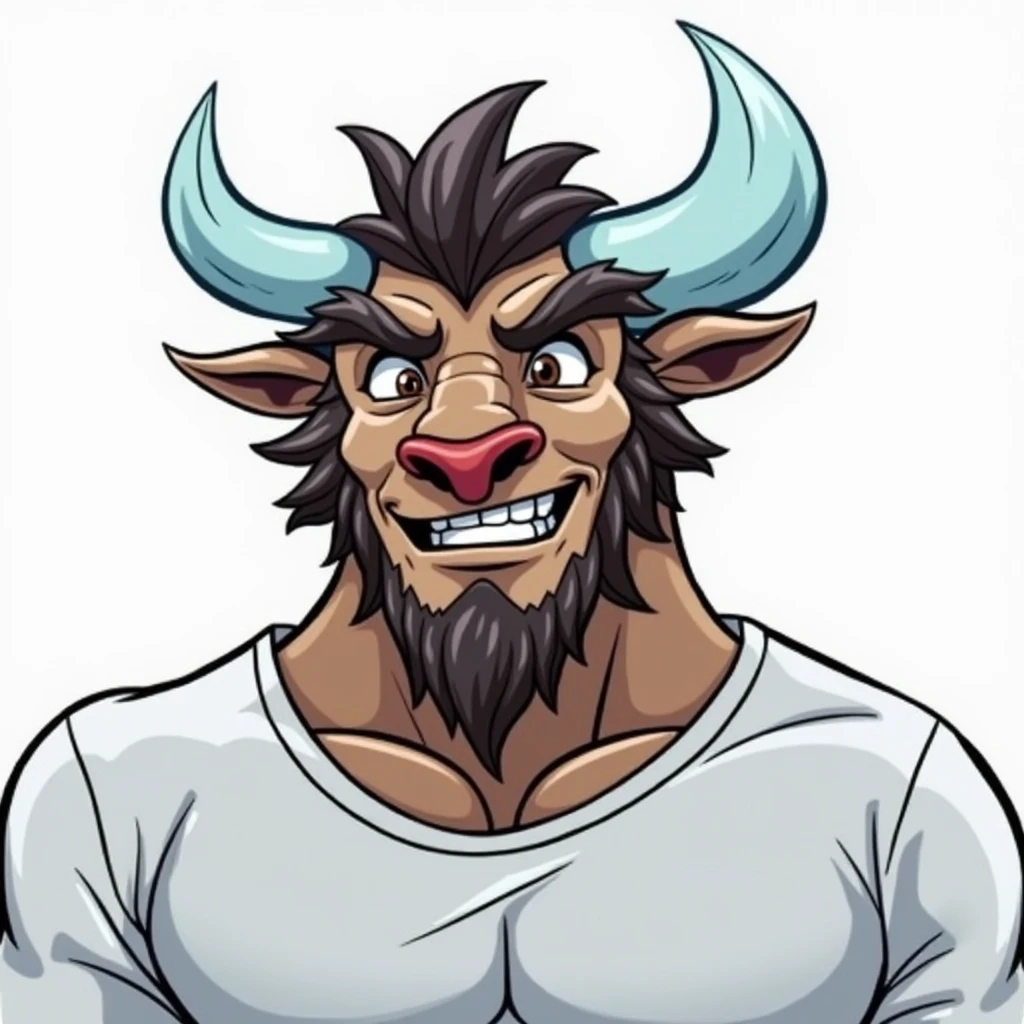 (Minotaur) mancon cabeza de toro , ( face with friendly expression) man , arms intertwined , (semi-muscular body build, design similar to the image prompts,
